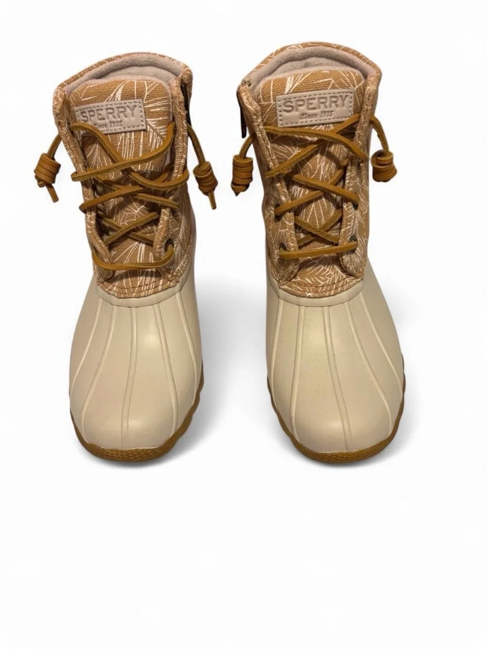 Sperry Tan and Cream Patterned Duck Boots